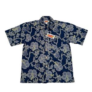 Vintage Zero Effect Blue Gray & Yellow Floral Hawaiian Button Up Shirt Sz Medium